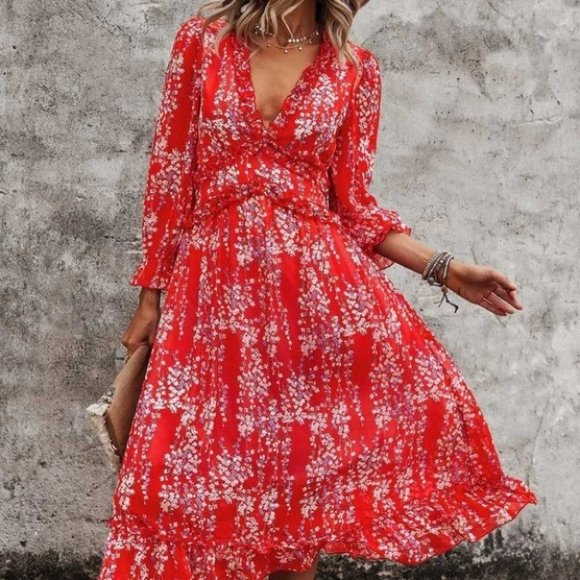 Red Floral Ditsy Ruffle Hem Dress Shabby Chic Cottagecore - Picture 2 of 5